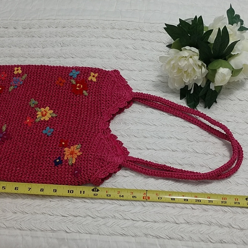 NEW Hot Pink Straw Bag Tote Lined Purse Inside Zip St. Johns Bay Embroidered - Picture 7 of 8